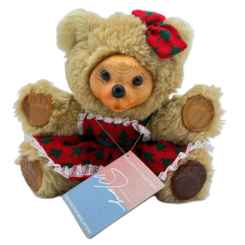William Tung Vintage Christmas Teddy Bear 10" Wood Plush Holiday Collectible 90s